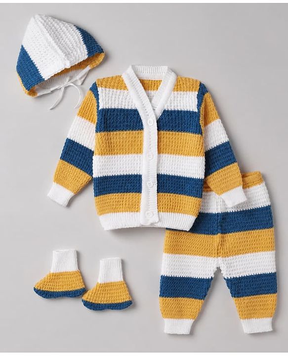 Babyhug Waffle Knit Full Sleeves Sweater Sets with Cap, Booties and Striped Design in Navy Blue
