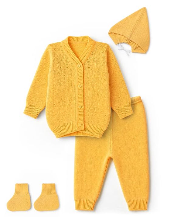Babyhug Knit Full Sleeves Sweater Set with Cap & Booties - Yellow