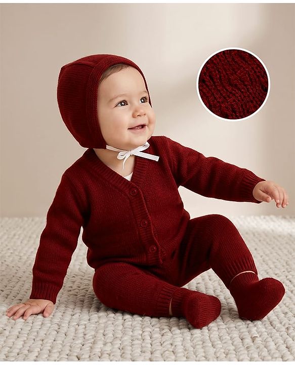 Babyhug Knit Full Sleeves Sweater Set With Cap & Booties - Marron