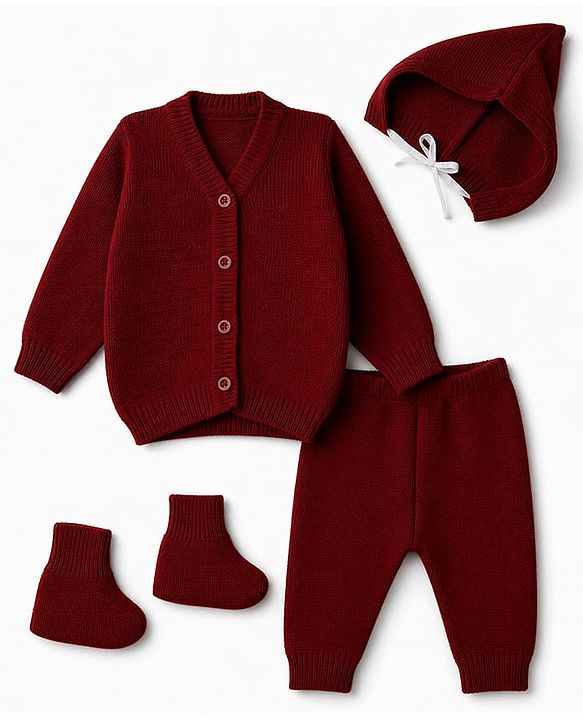 Babyhug Knit Full Sleeves Sweater Set With Cap & Booties - Marron