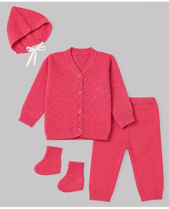 Babyhug Knit Full Sleeves Sweater Set with Cap & Booties in Dark Pink
