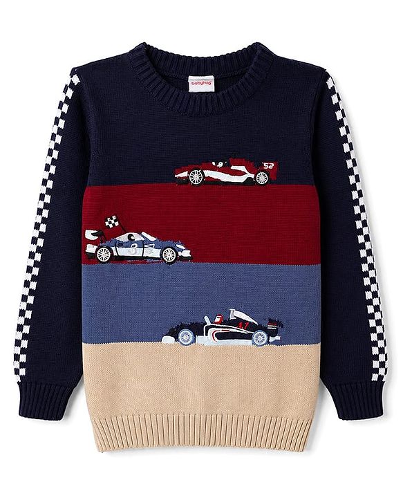 Babyhug 100% Cotton Knit Full Sleeves Colour Block Pullover with Car Embroidered Design - Navy