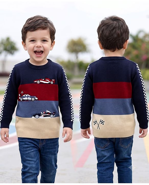 Babyhug 100% Cotton Knit Full Sleeves Colour Block Pullover with Car Embroidered Design - Navy