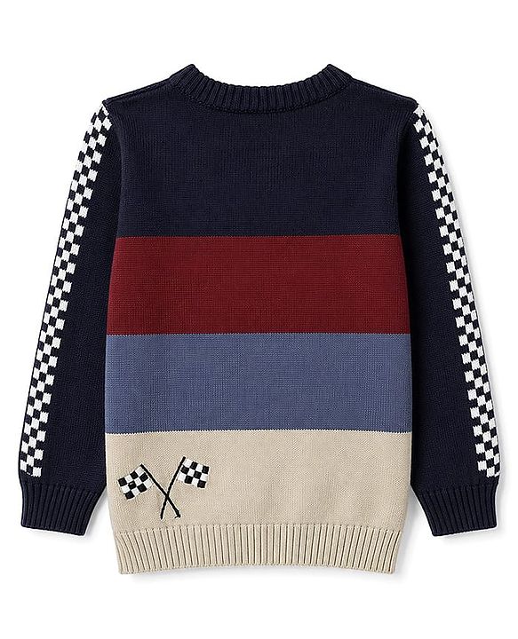 Babyhug 100% Cotton Knit Full Sleeves Colour Block Pullover with Car Embroidered Design - Navy