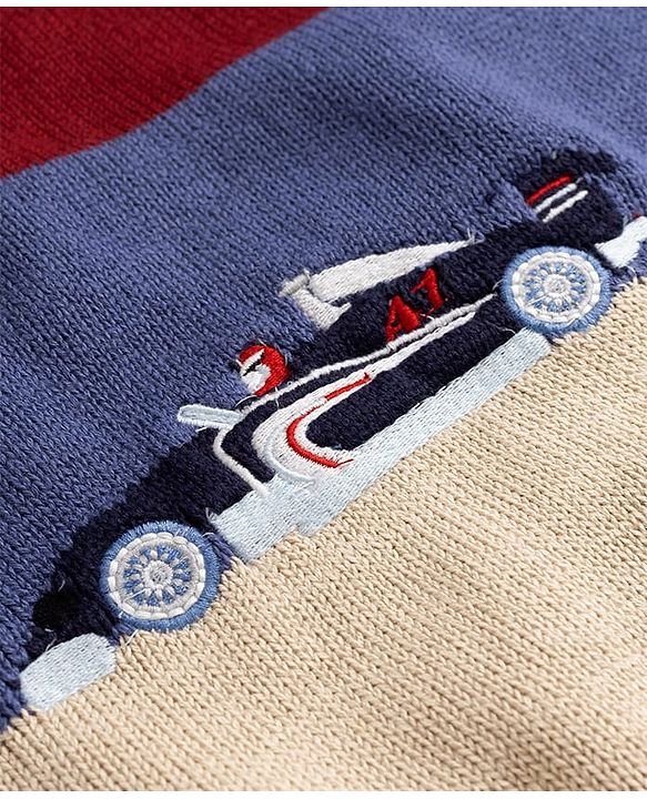 Babyhug 100% Cotton Knit Full Sleeves Colour Block Pullover with Car Embroidered Design - Navy
