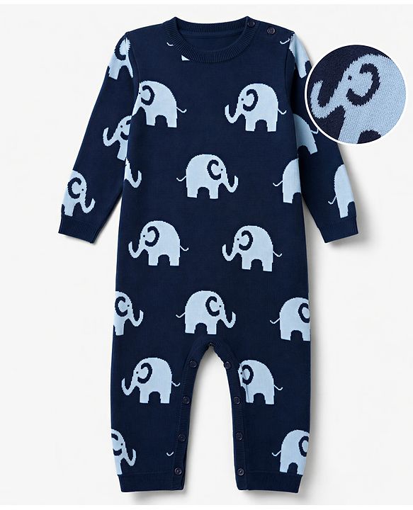 Babyhug 100% Cotton Knit Full Sleeves Winter Wear Romper With Elephant Design - Navy Blue