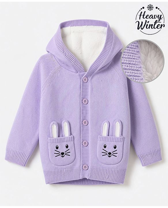 Babyhug Fur- Lined Knit Full Sleeves Front Open Hooded Sweater with Bunny Patch - Lilac