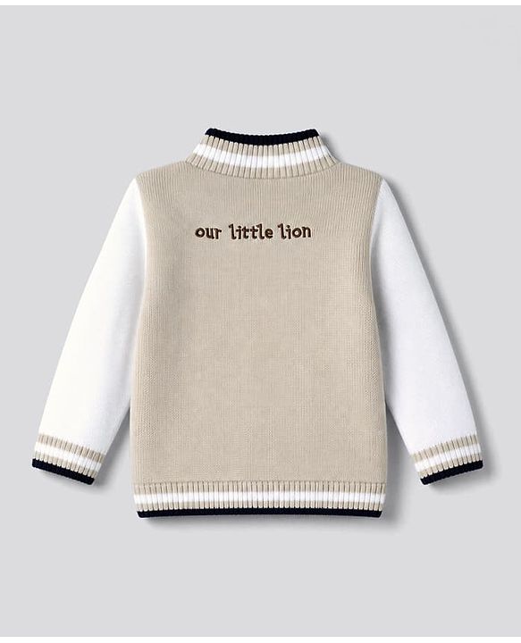 Babyhug Cotton Knit Full Sleeves Front Open Sweater with Lion Embroidery - Beige