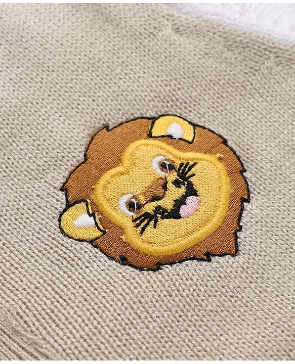 Babyhug Cotton Knit Full Sleeves Front Open Sweater with Lion Embroidery - Beige