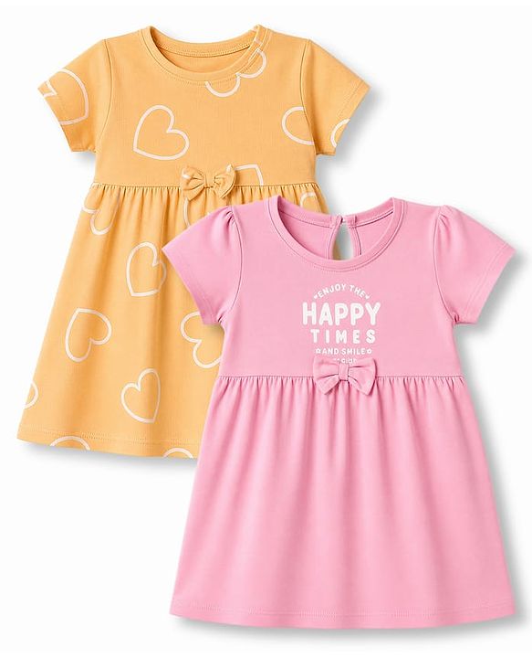Babyhug Single Jersey Knit Half Sleeves Hearts & Text Printed Frocks With Bow Applique Pack Of 2 - Yellow & Pink