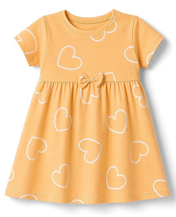 Babyhug Single Jersey Knit Half Sleeves Hearts & Text Printed Frocks With Bow Applique Pack Of 2 - Yellow & Pink