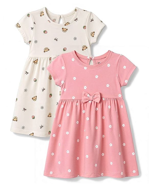 Babyhug Single Jersey Knit Half Sleeves Frock With Floral Print & Bow Applique Pack Of 2 - Pink & White