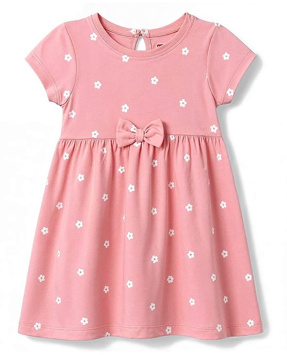 Babyhug Single Jersey Knit Half Sleeves Frock With Floral Print & Bow Applique Pack Of 2 - Pink & White