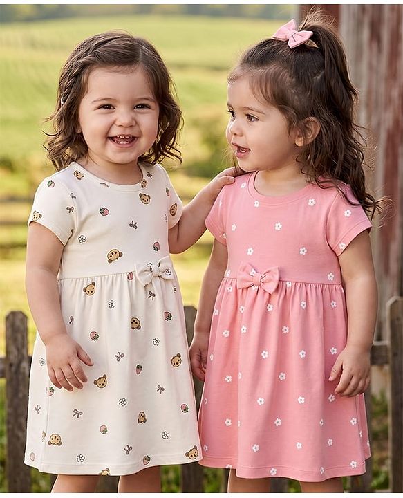 Babyhug Single Jersey Knit Half Sleeves Frock With Floral Print & Bow Applique Pack Of 2 - Pink & White
