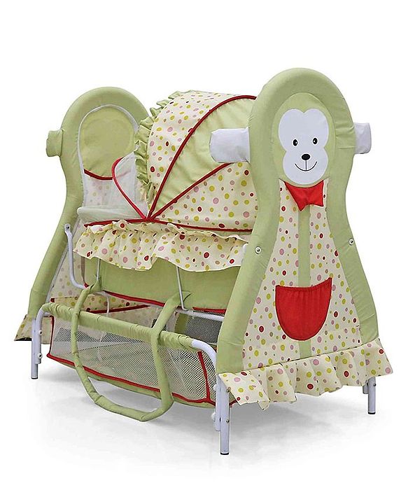 Babyhug Monkey Print Cradle with Mosquito Net and Swing Lock function - Green| Storage Basket| Wheels with Lock| Easy Assembly