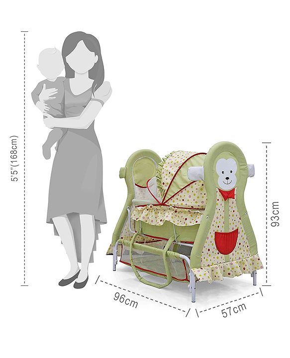 Babyhug Monkey Print Cradle with Mosquito Net and Swing Lock function - Green| Storage Basket| Wheels with Lock| Easy Assembly