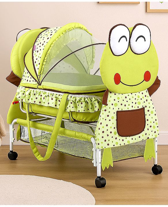 Babyhug Froggy Print Cradle with Mosquito Net and Swing Lock function - Green| Storage Basket| Wheels with Lock| Easy Assembly