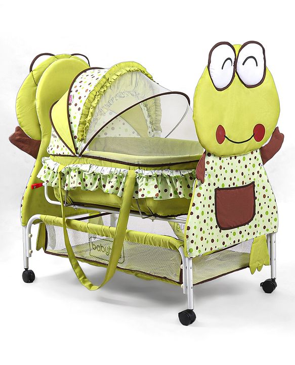 Babyhug Froggy Print Cradle with Mosquito Net and Swing Lock function - Green| Storage Basket| Wheels with Lock| Easy Assembly