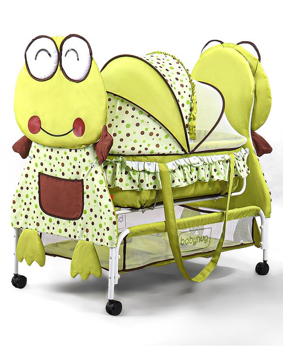 Babyhug Froggy Print Cradle with Mosquito Net and Swing Lock function - Green| Storage Basket| Wheels with Lock| Easy Assembly