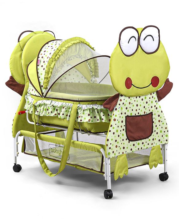 Babyhug Froggy Print Cradle with Mosquito Net and Swing Lock function - Green| Storage Basket| Wheels with Lock| Easy Assembly