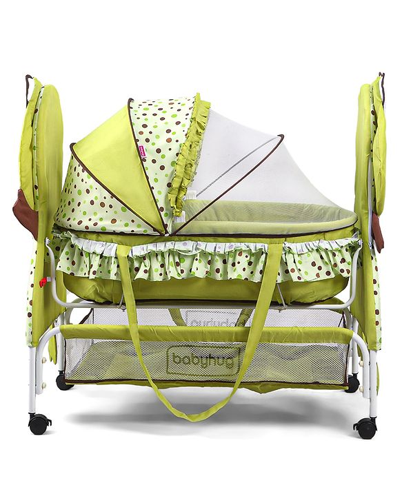 Babyhug Froggy Print Cradle with Mosquito Net and Swing Lock function - Green| Storage Basket| Wheels with Lock| Easy Assembly