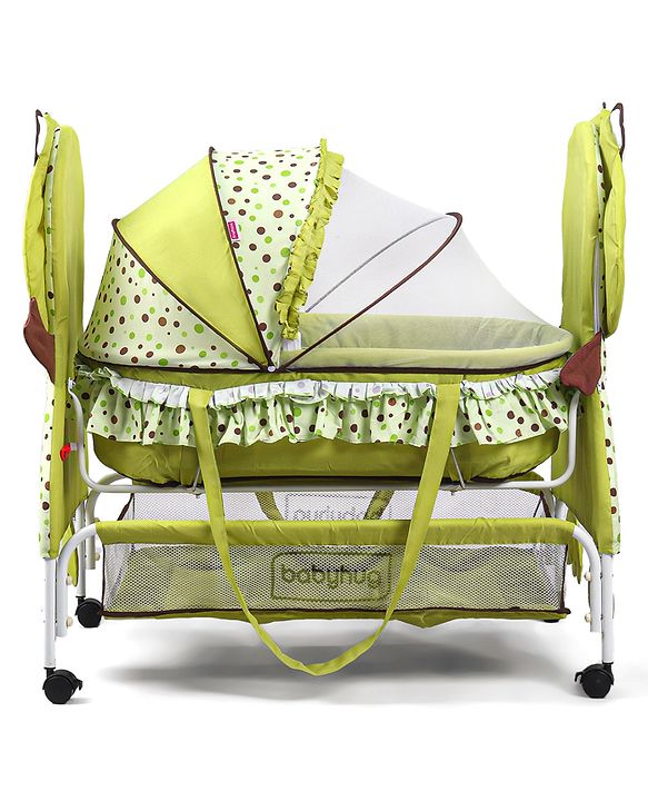 Babyhug Froggy Print Cradle with Mosquito Net and Swing Lock function - Green| Storage Basket| Wheels with Lock| Easy Assembly