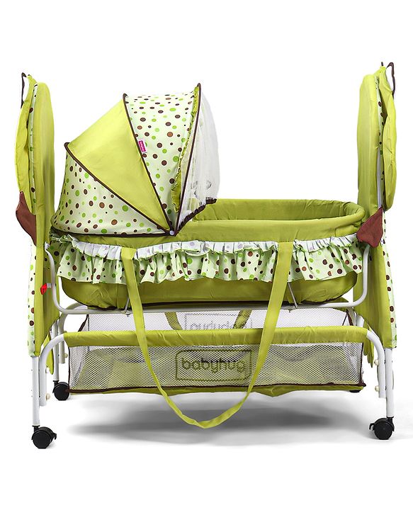 Babyhug Froggy Print Cradle with Mosquito Net and Swing Lock function - Green| Storage Basket| Wheels with Lock| Easy Assembly
