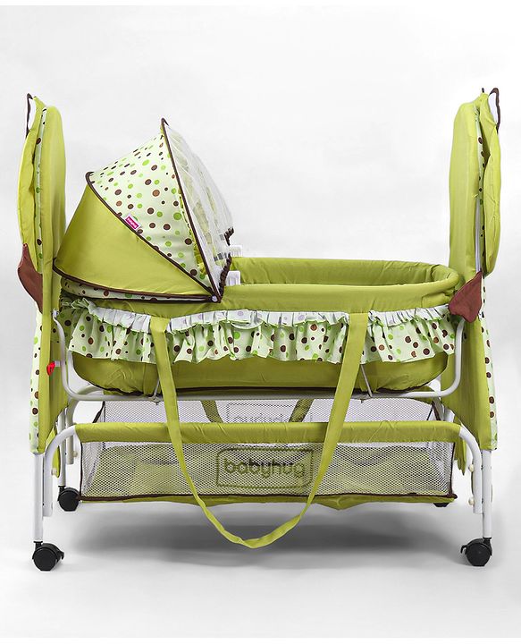 Babyhug Froggy Print Cradle with Mosquito Net and Swing Lock function - Green| Storage Basket| Wheels with Lock| Easy Assembly