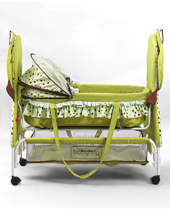 Babyhug Froggy Print Cradle with Mosquito Net and Swing Lock function - Green| Storage Basket| Wheels with Lock| Easy Assembly
