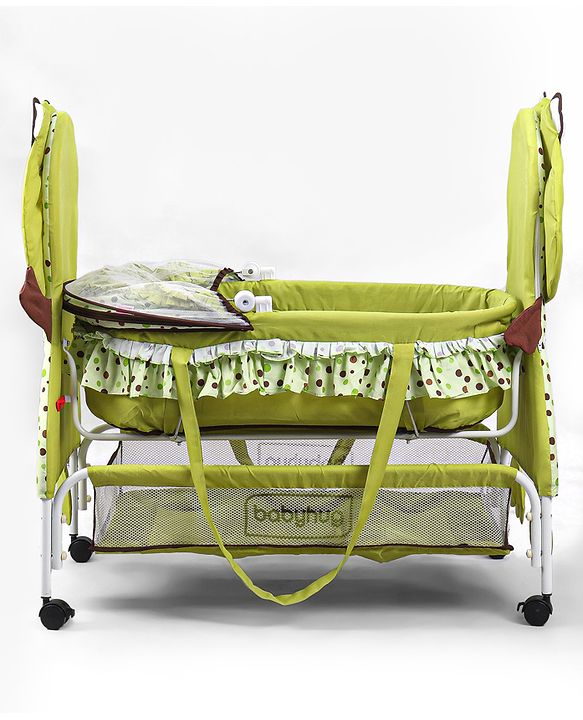 Babyhug Froggy Print Cradle with Mosquito Net and Swing Lock function - Green| Storage Basket| Wheels with Lock| Easy Assembly