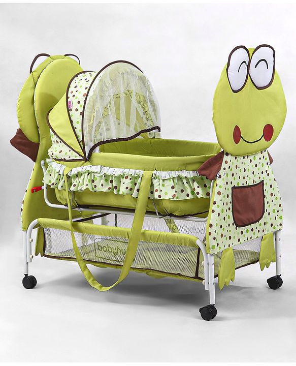 Babyhug Froggy Print Cradle with Mosquito Net and Swing Lock function - Green| Storage Basket| Wheels with Lock| Easy Assembly