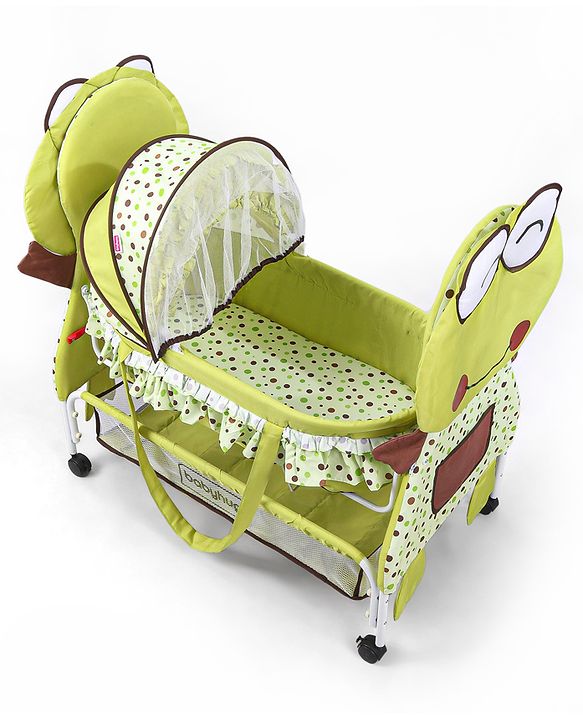 Babyhug Froggy Print Cradle with Mosquito Net and Swing Lock function - Green| Storage Basket| Wheels with Lock| Easy Assembly