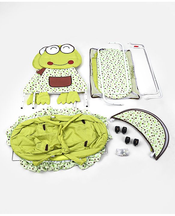 Babyhug Froggy Print Cradle with Mosquito Net and Swing Lock function - Green| Storage Basket| Wheels with Lock| Easy Assembly