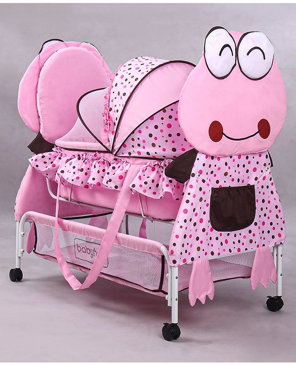 Babyhug Froggy Print Cradle with Mosquito Net and Swing Lock function - Green| Storage Basket| Wheels with Lock| Easy Assembly