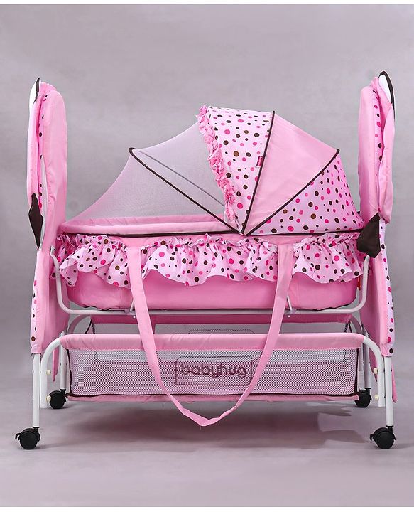 Babyhug Froggy Print Cradle with Mosquito Net and Swing Lock function - Green| Storage Basket| Wheels with Lock| Easy Assembly