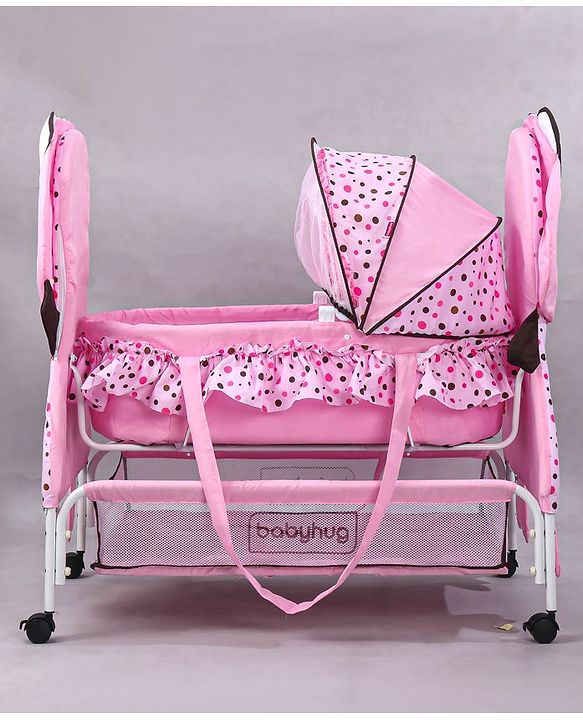 Babyhug Froggy Print Cradle with Mosquito Net and Swing Lock function - Green| Storage Basket| Wheels with Lock| Easy Assembly