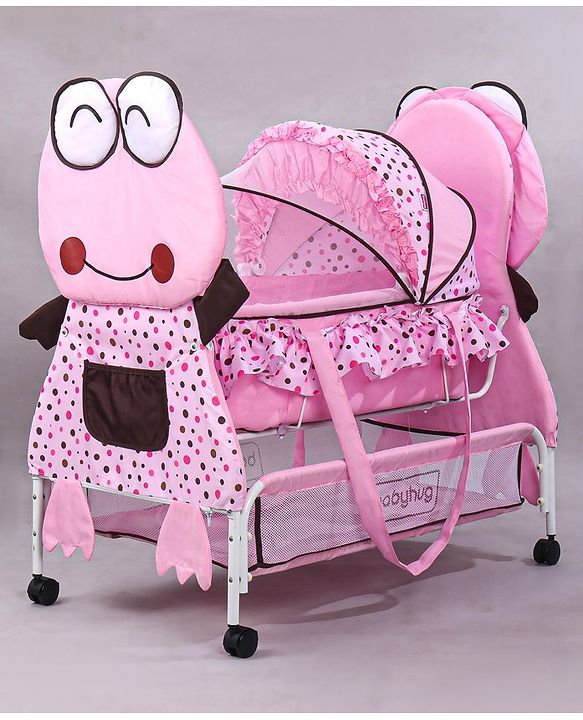 Babyhug Froggy Print Cradle with Mosquito Net and Swing Lock function - Green| Storage Basket| Wheels with Lock| Easy Assembly