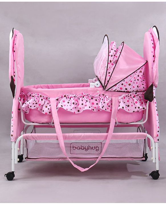 Babyhug Froggy Print Cradle with Mosquito Net and Swing Lock function - Green| Storage Basket| Wheels with Lock| Easy Assembly