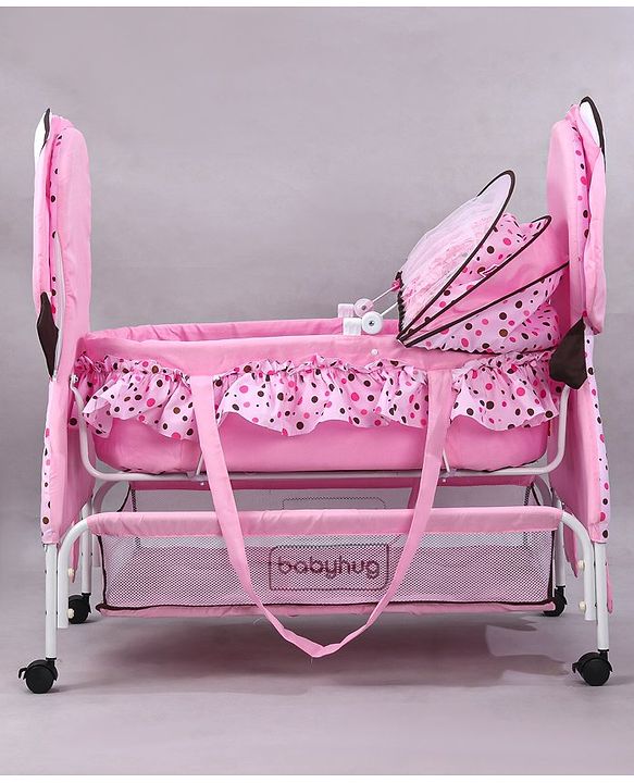 Babyhug Froggy Print Cradle with Mosquito Net and Swing Lock function - Green| Storage Basket| Wheels with Lock| Easy Assembly