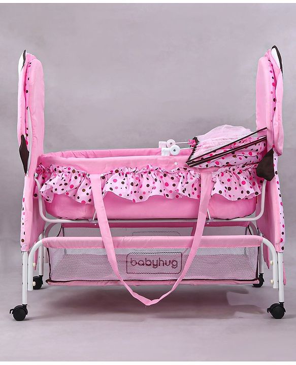 Babyhug Froggy Print Cradle with Mosquito Net and Swing Lock function - Green| Storage Basket| Wheels with Lock| Easy Assembly