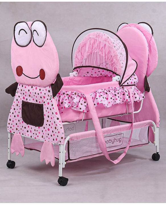 Babyhug Froggy Print Cradle with Mosquito Net and Swing Lock function - Green| Storage Basket| Wheels with Lock| Easy Assembly
