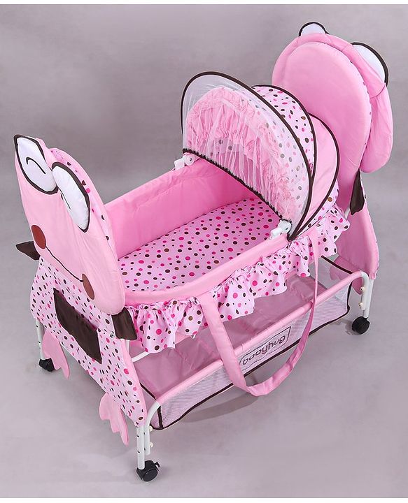Babyhug Froggy Print Cradle with Mosquito Net and Swing Lock function - Green| Storage Basket| Wheels with Lock| Easy Assembly