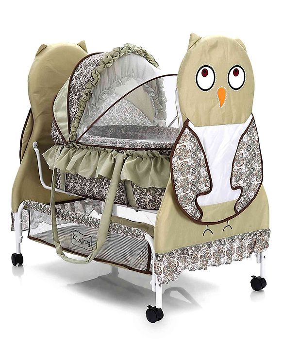 Babyhug Owl Print Cradle with Mosquito Net and Swing Lock function - Green| Storage Basket| Wheels with Lock| Easy Assembly