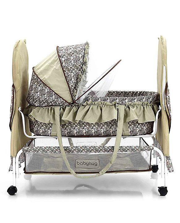 Babyhug Owl Print Cradle with Mosquito Net and Swing Lock function - Green| Storage Basket| Wheels with Lock| Easy Assembly
