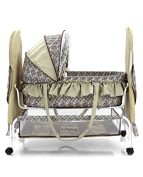 Babyhug Owl Print Cradle with Mosquito Net and Swing Lock function - Green| Storage Basket| Wheels with Lock| Easy Assembly