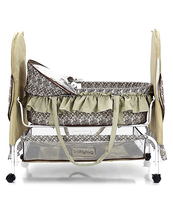 Babyhug Owl Print Cradle with Mosquito Net and Swing Lock function - Green| Storage Basket| Wheels with Lock| Easy Assembly