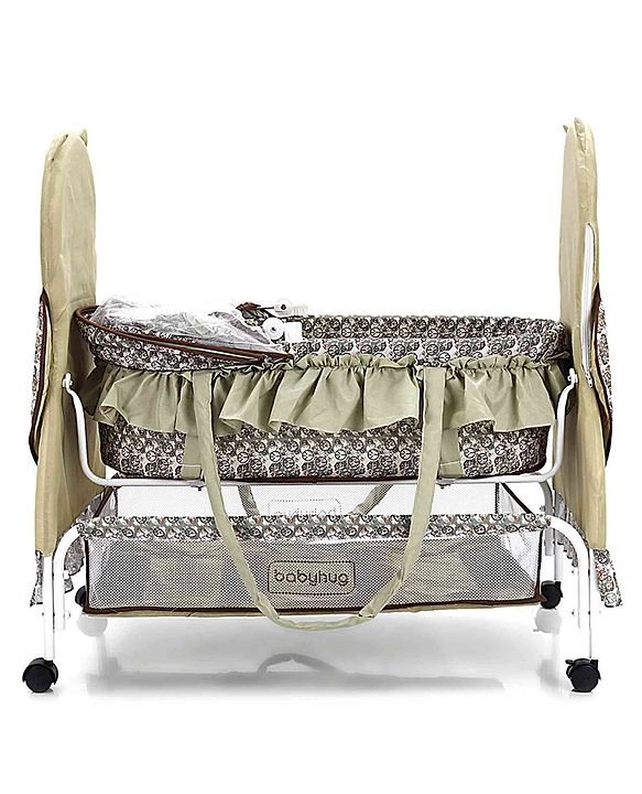 Babyhug Owl Print Cradle with Mosquito Net and Swing Lock function - Green| Storage Basket| Wheels with Lock| Easy Assembly