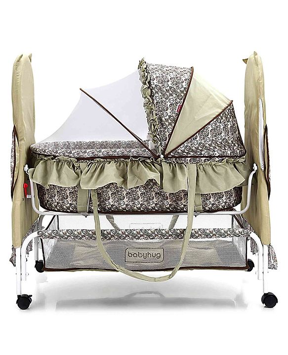 Babyhug Owl Print Cradle with Mosquito Net and Swing Lock function - Green| Storage Basket| Wheels with Lock| Easy Assembly