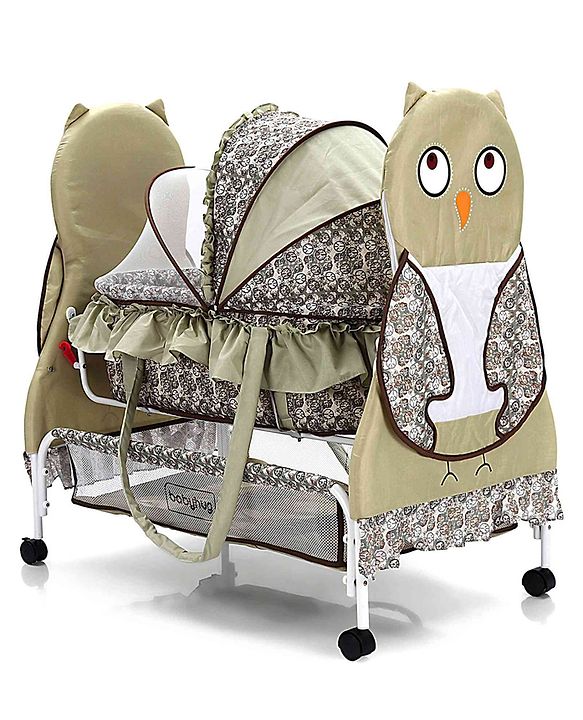 Babyhug Owl Print Cradle with Mosquito Net and Swing Lock function - Green| Storage Basket| Wheels with Lock| Easy Assembly