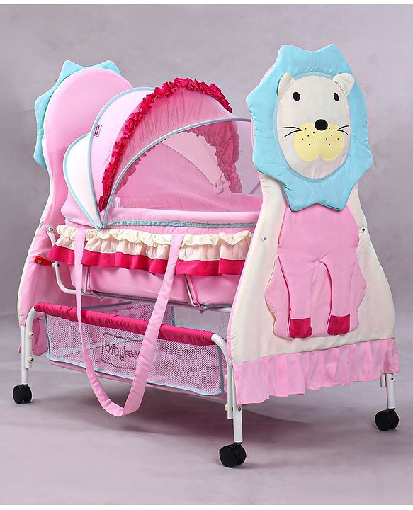 Babyhug Lion Print 2 in 1 Cradle cum bassinet with Mosquito Net and Swing Lock function - Pink